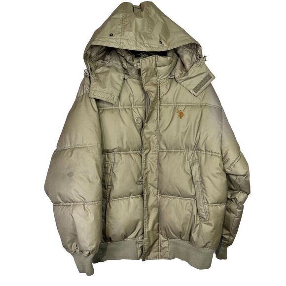 Vintage US Polo Assn Heavy Puffer Jacket Mens Large Beige Zip Button Close -Hood - Picture 2 of 13